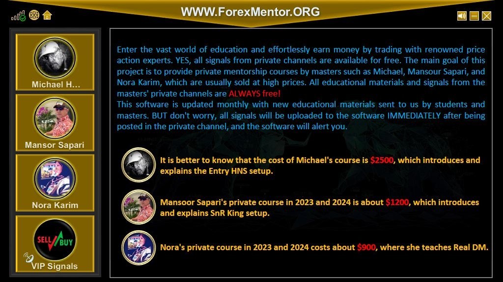 The ForexMentor app home screen with the three mentors and the VIP signals button.