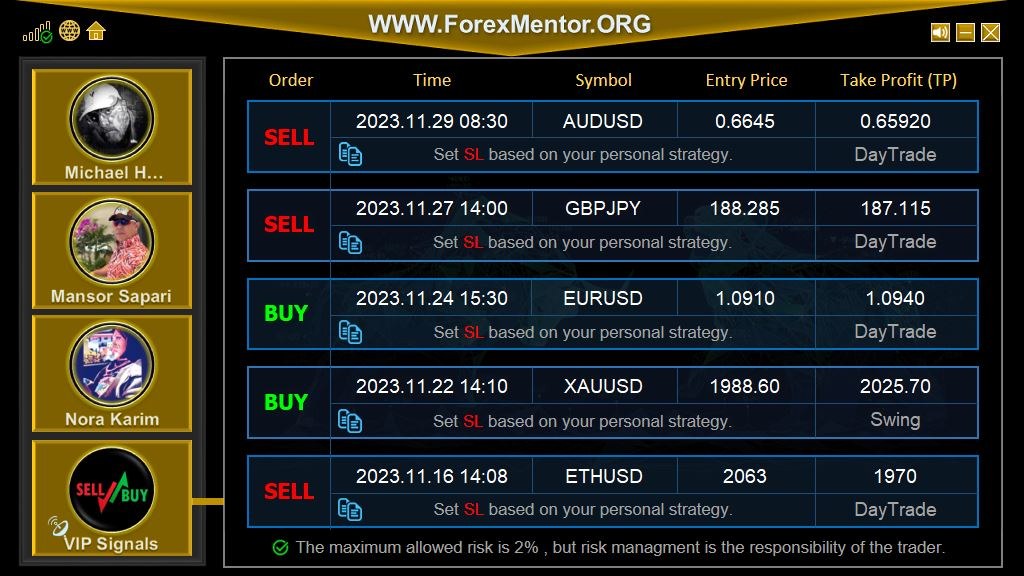 The ForexMentor app showing a list of VIP signals with entry price and take profit.